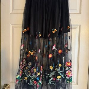 Two Piece Floral Embroidered Black Skirt and Top